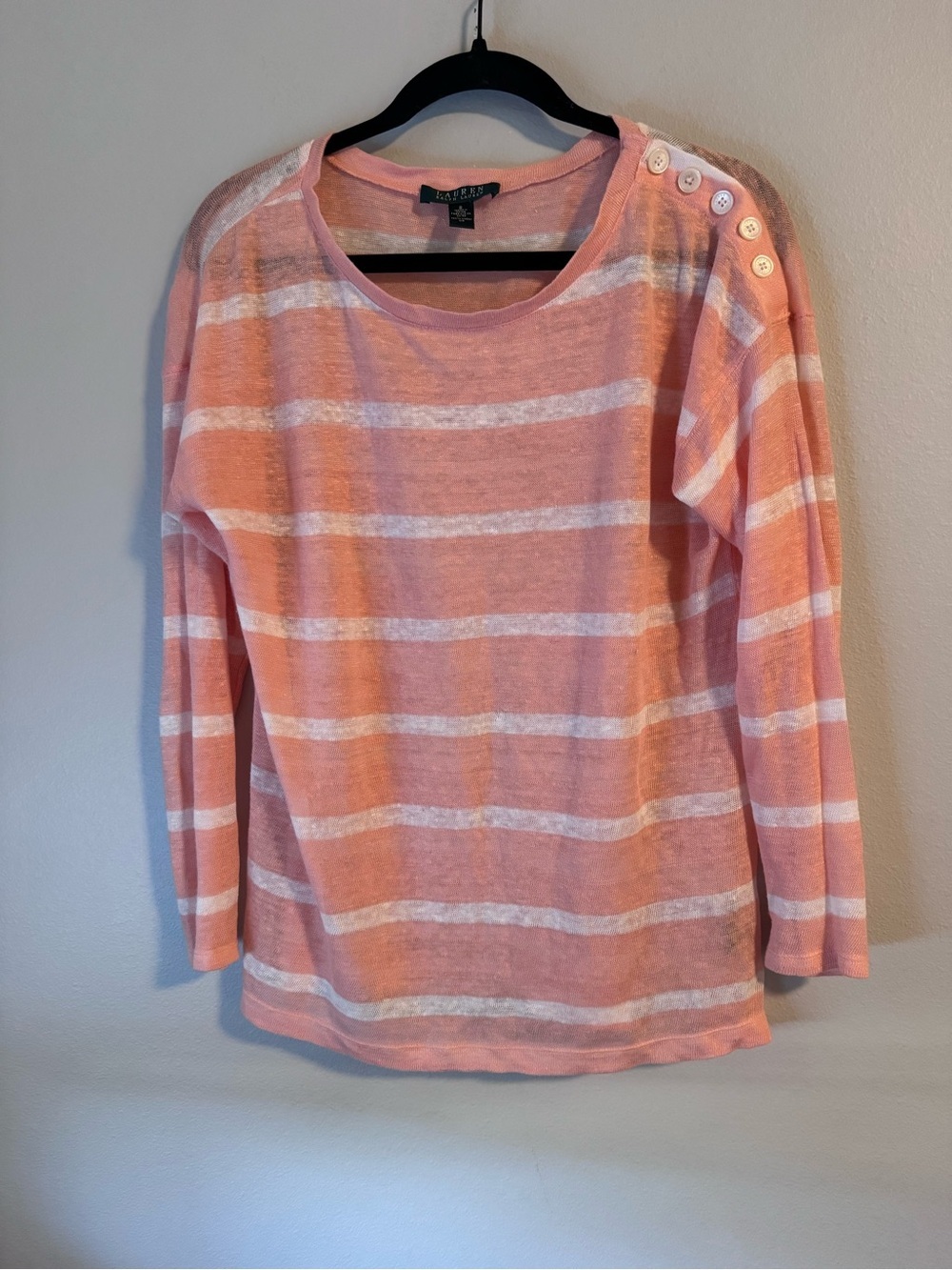 Lauren Ralph Lauren Linen Coral Stripe Button-Shoulder Lightweight Sweater
